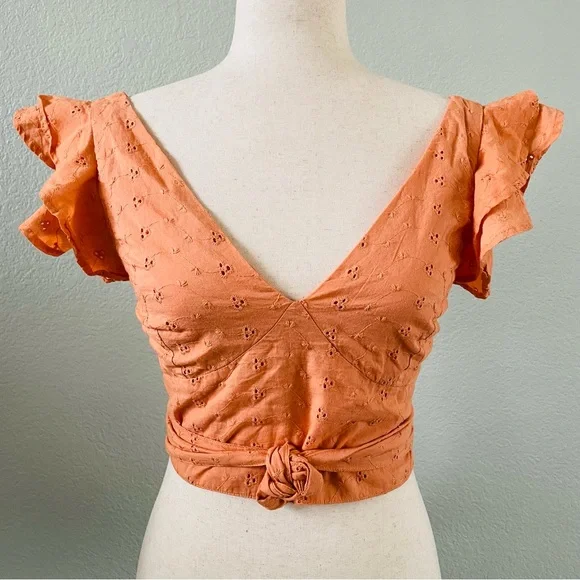 Japna Orange Eyelet Embroidered Vneck Ruffle Cap Sleeve Wrap Crop Top | Medium - Picture 5 of 7